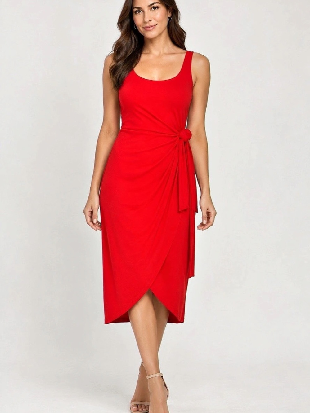 Express Scoop Neck Wrap Front Side Tie Midi Dress Red Medium